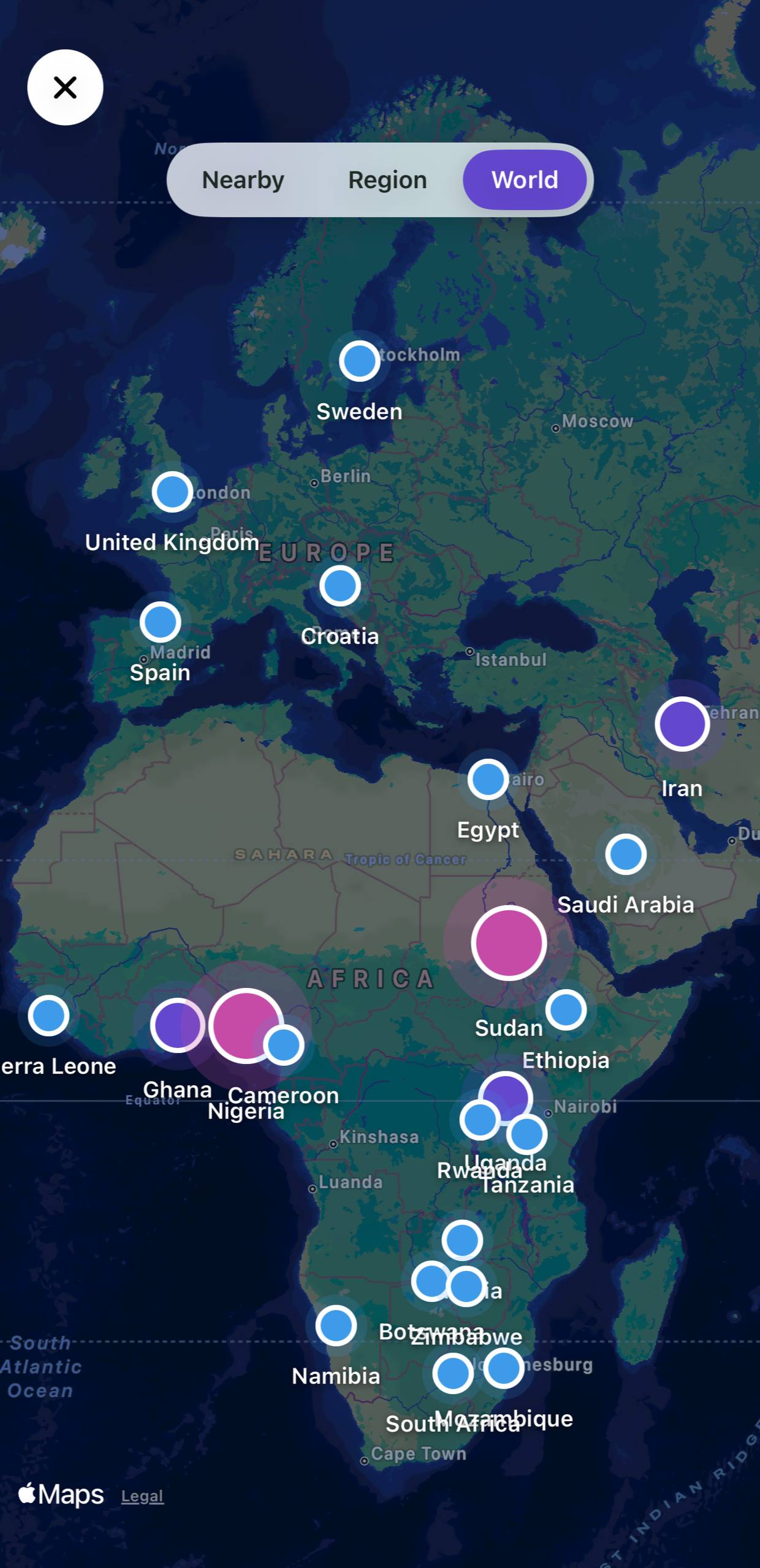 Zoom In World map showing people across Europe and Africa