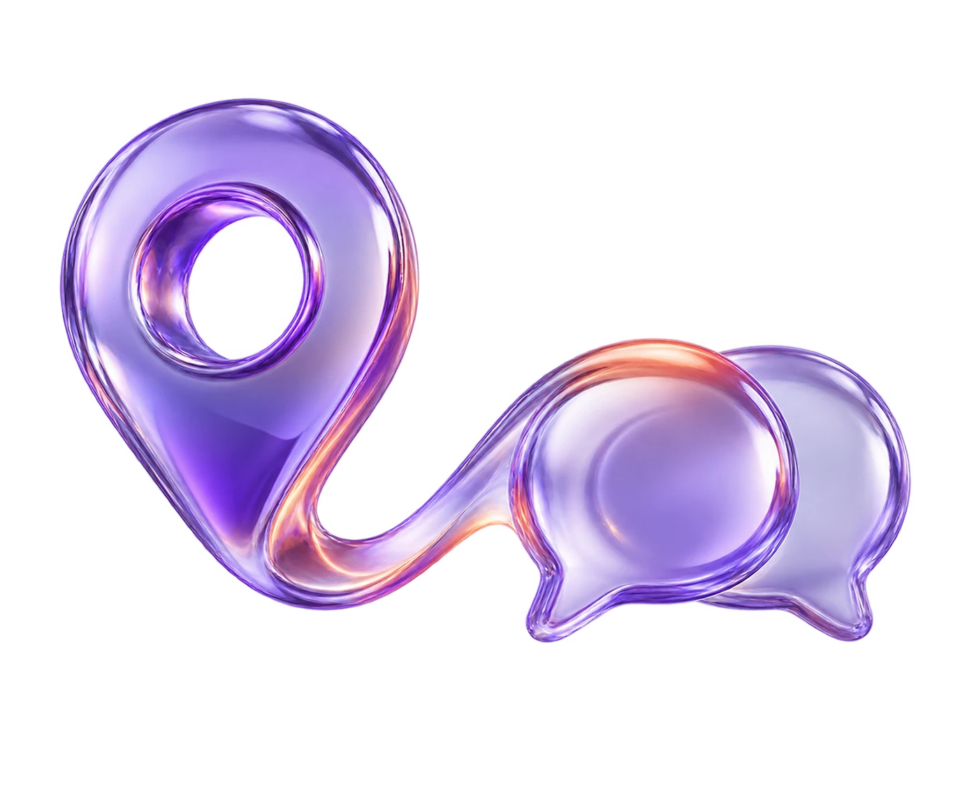 A glass location pin flowing into two conversation bubbles, representing discovery becoming a conversation