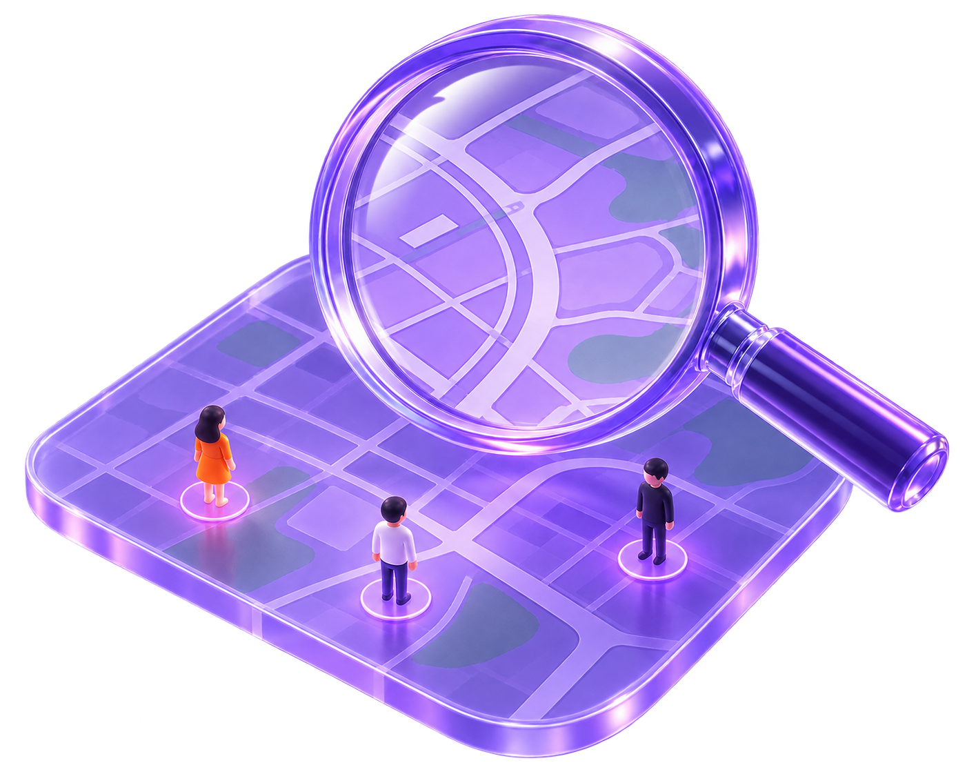 A glassy purple map and magnifying glass representing location-based discovery
