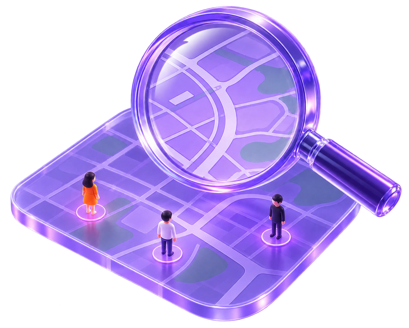 A glassy purple map and magnifying glass representing location-based discovery