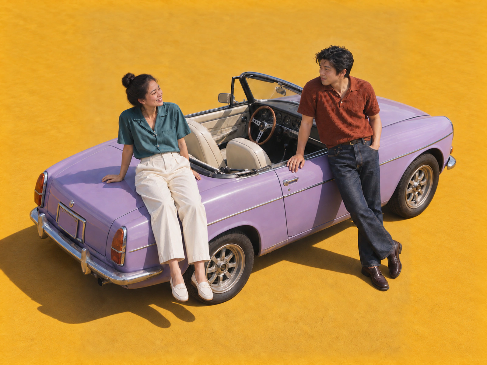 Two people talking beside a purple convertible on a yellow court